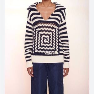 STAUD Allow Sweater Navy and White Spiral V-Neck oversized Sweater Small